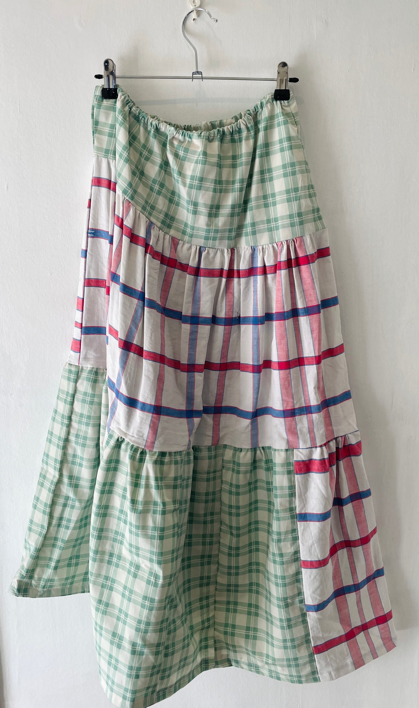 Kelly Handmade Green and Red Checked Patchwork Asymmetric Hem Tiered Maxi Skirt
