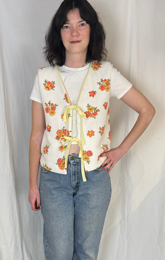 Zoe Handmade Orange Floral Tie Front Sleeveless Waistcoat Top