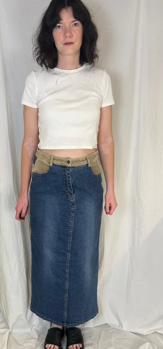 Vintage Y2K Blue Denim and Brown Corduroy Patchwork Maxi Skirt