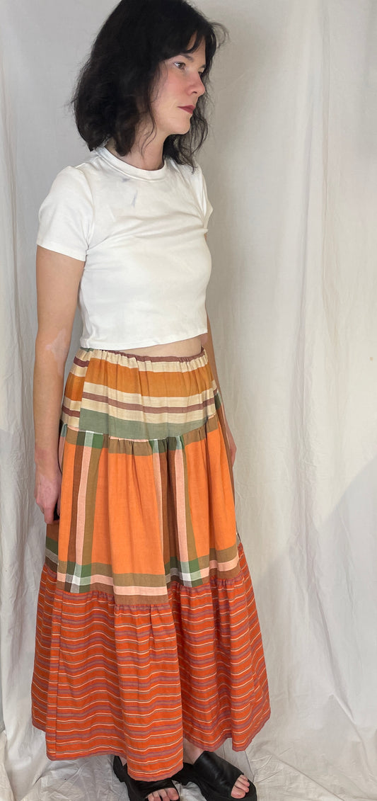 Kelly Handmade Orange Patchwork Asymmetric Hem Tiered Maxi Skirt