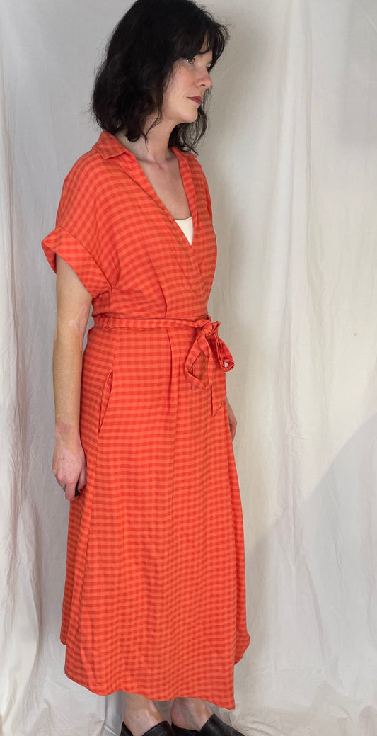 Vintage 90s Orange Checked Asymmetric Hem Wrap Maxi Dress - scrappingell