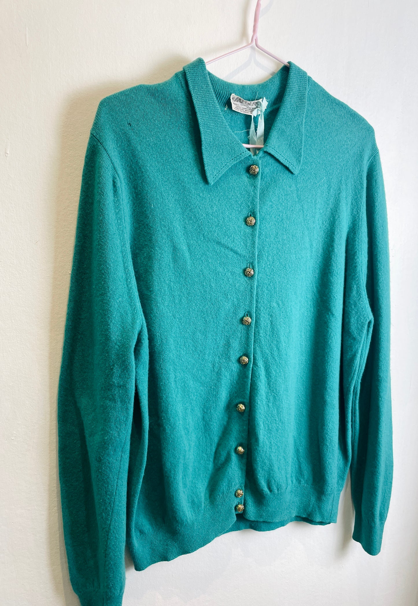 Vintage 80s Green Collared Lambswool Cardigan - Up To Size 12
