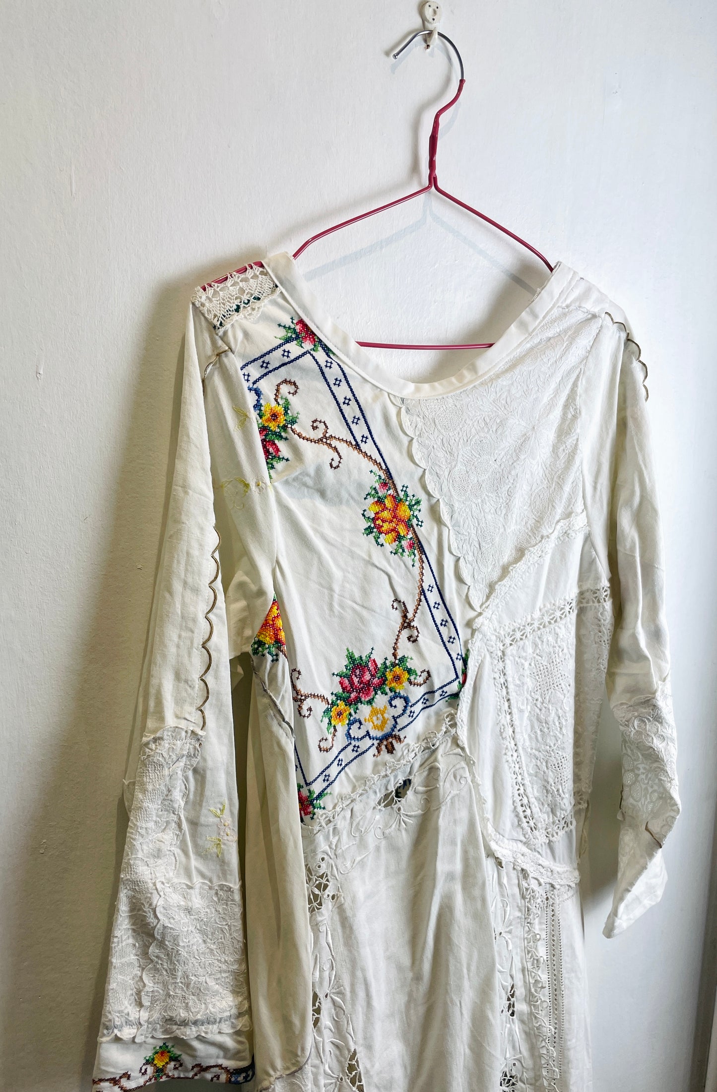 Anna Handmade White Linen Floral Embroidered Patchwork Asymmetric Hem Dress - Up To Size 10