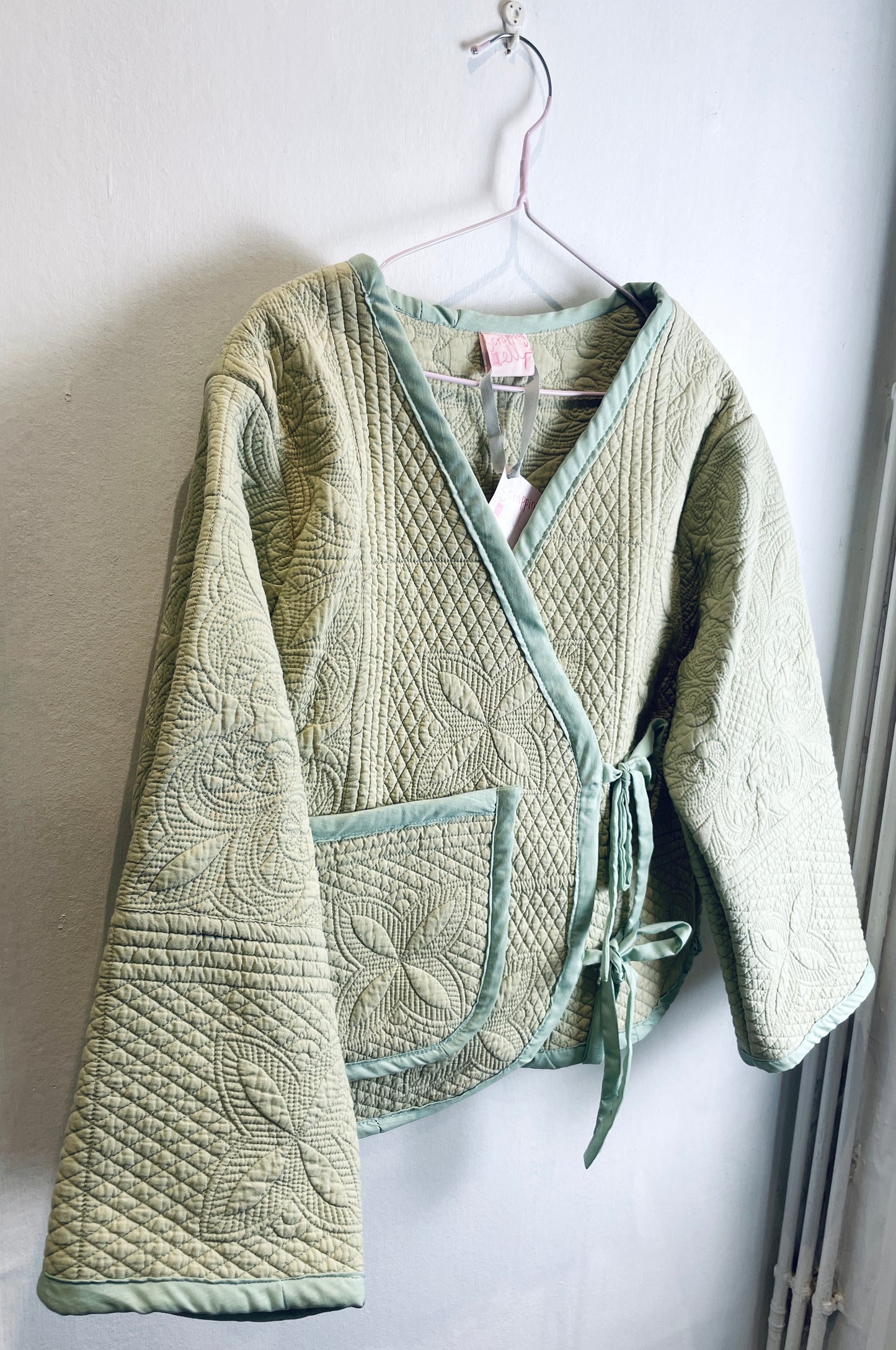 Zoe Handmade Green Floral Textured Quilted Wrap Jacket - Up To Size 14