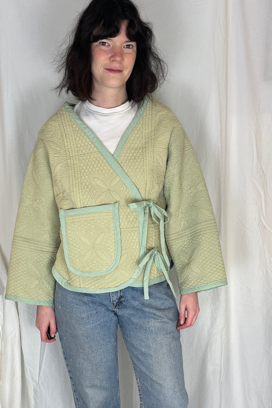 Zoe Handmade Green Floral Textured Quilted Wrap Jacket - Up To Size 14