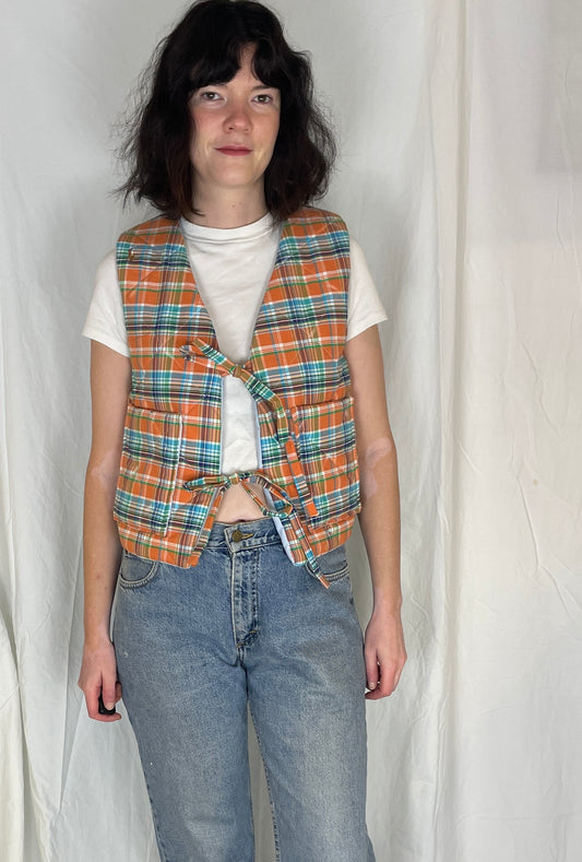 Zoe Handmade Orange and Blue Checked Tie Front Quilted Vest Gilet - Up To Size 10
