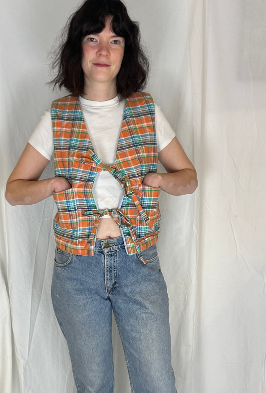 Zoe Handmade Orange and Blue Checked Tie Front Quilted Vest Gilet - Up To Size 10