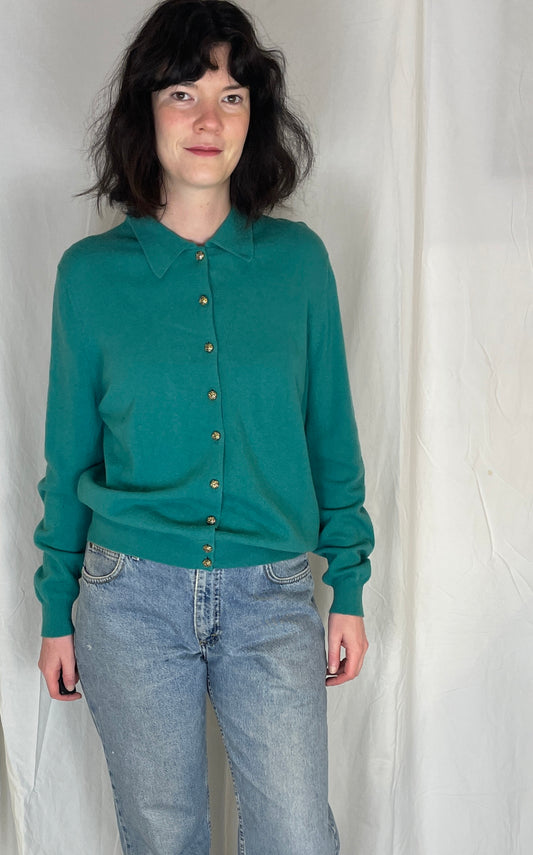 Vintage 80s Green Collared Lambswool Cardigan - Up To Size 12