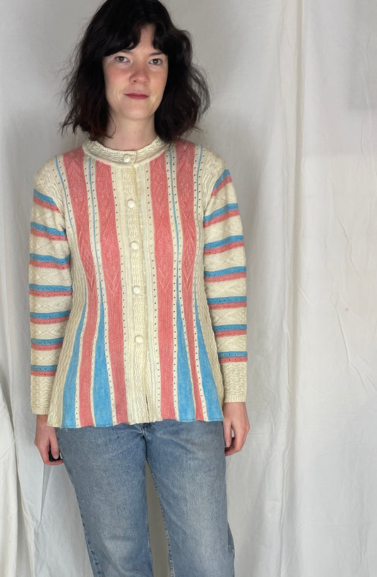 Vintage 90s Pink and Blue Striped Knitted Cardigan - Up to Size 10