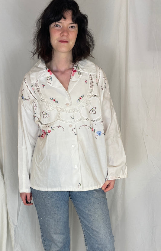 Darcy Handmade White Linen Pink Embroidered Shirt with Revere Collar - Up To Size 16