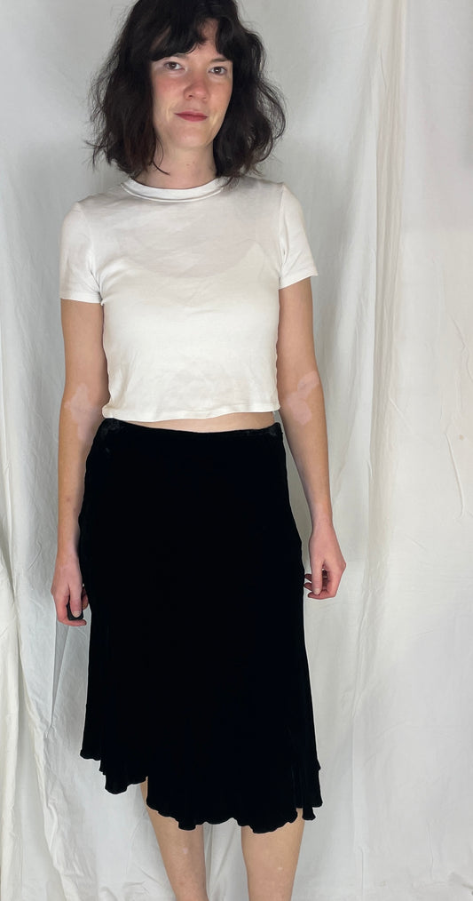 Vintage 90s Black Silk Velvet Panelled Midi Skirt - Size 12