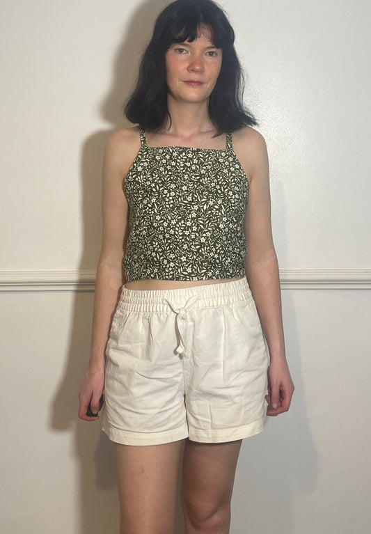 Handmade Green Floral Linen Cross Strap Tie Back Crop Top - Size 14