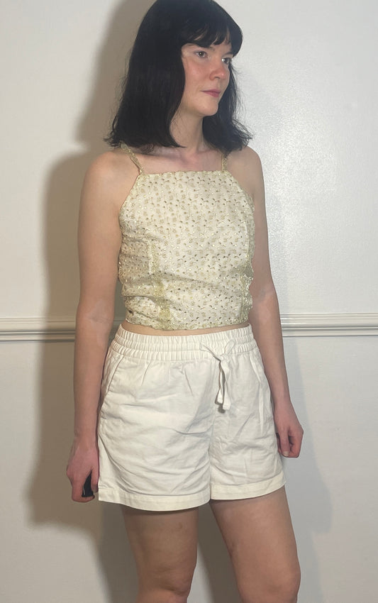 Handmade White Floral Embroidered Organza Cross Strap Tie Back Crop Top - Size 12