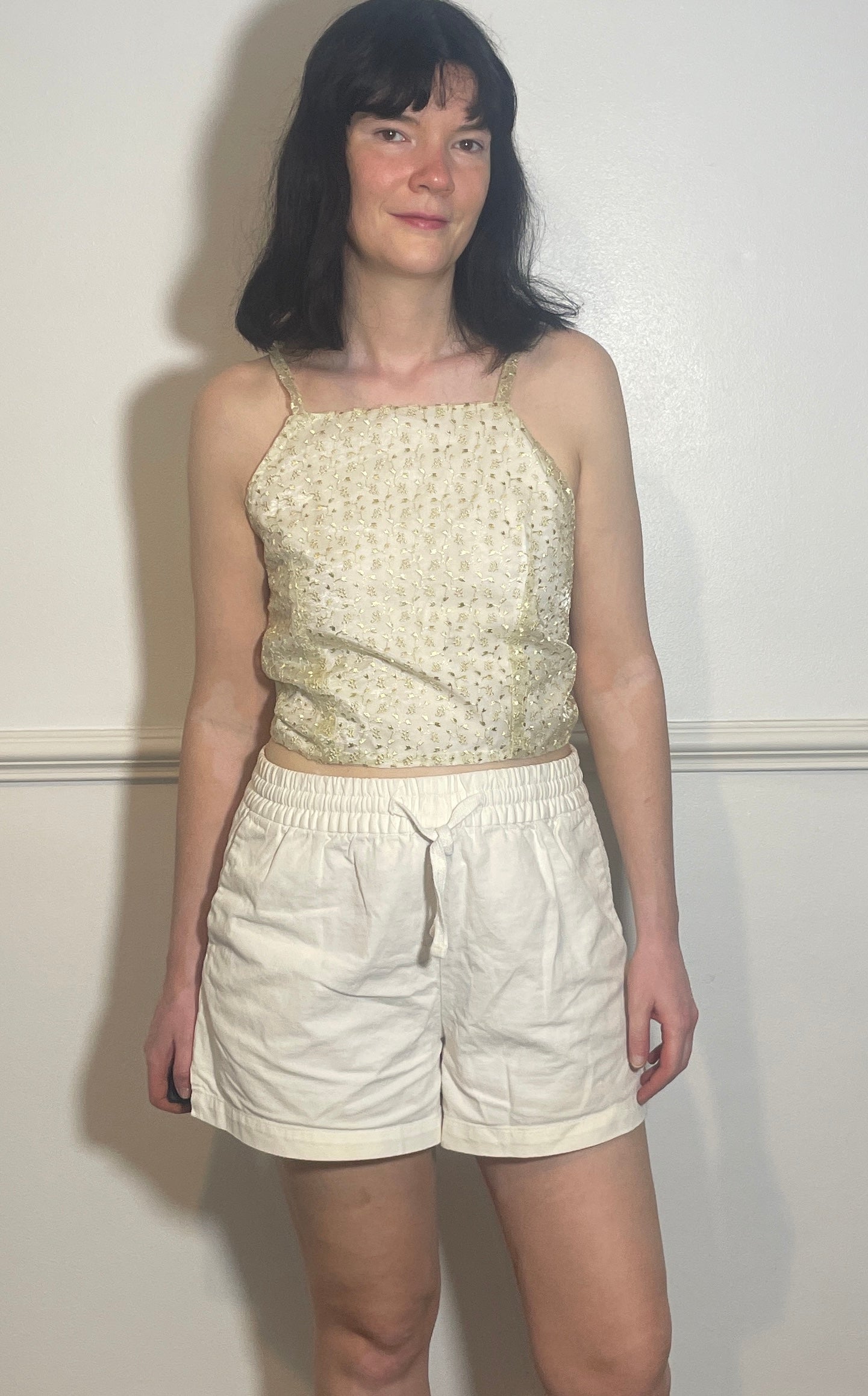 Handmade White Floral Embroidered Organza Cross Strap Tie Back Crop Top - Size 12