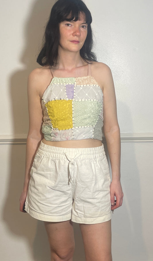 Handmade Pink Patchwork Embroidered Cross Strap Tie Back Crop - Size 8