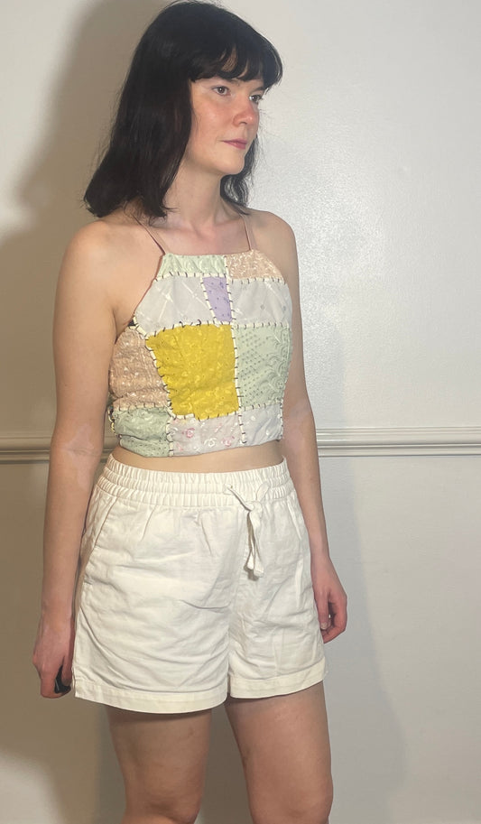 Handmade Pink Patchwork Embroidered Cross Strap Tie Back Crop - Size 8