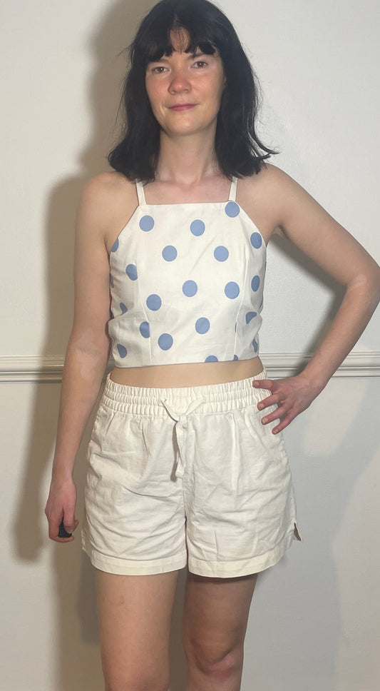 Handmade Blue Polka Dot Cross Strap Tie Back Crop Top - Size 10