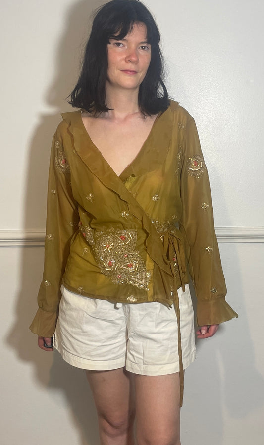 Handmade Khaki Green Sheer Chiffon Sequin Wrap Top with Ruffle Neckline - Size 14