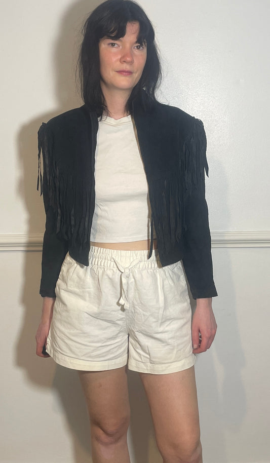 Vintage 80s Black Suede Leather Tassle Cropped Western Jacket - Size 10
