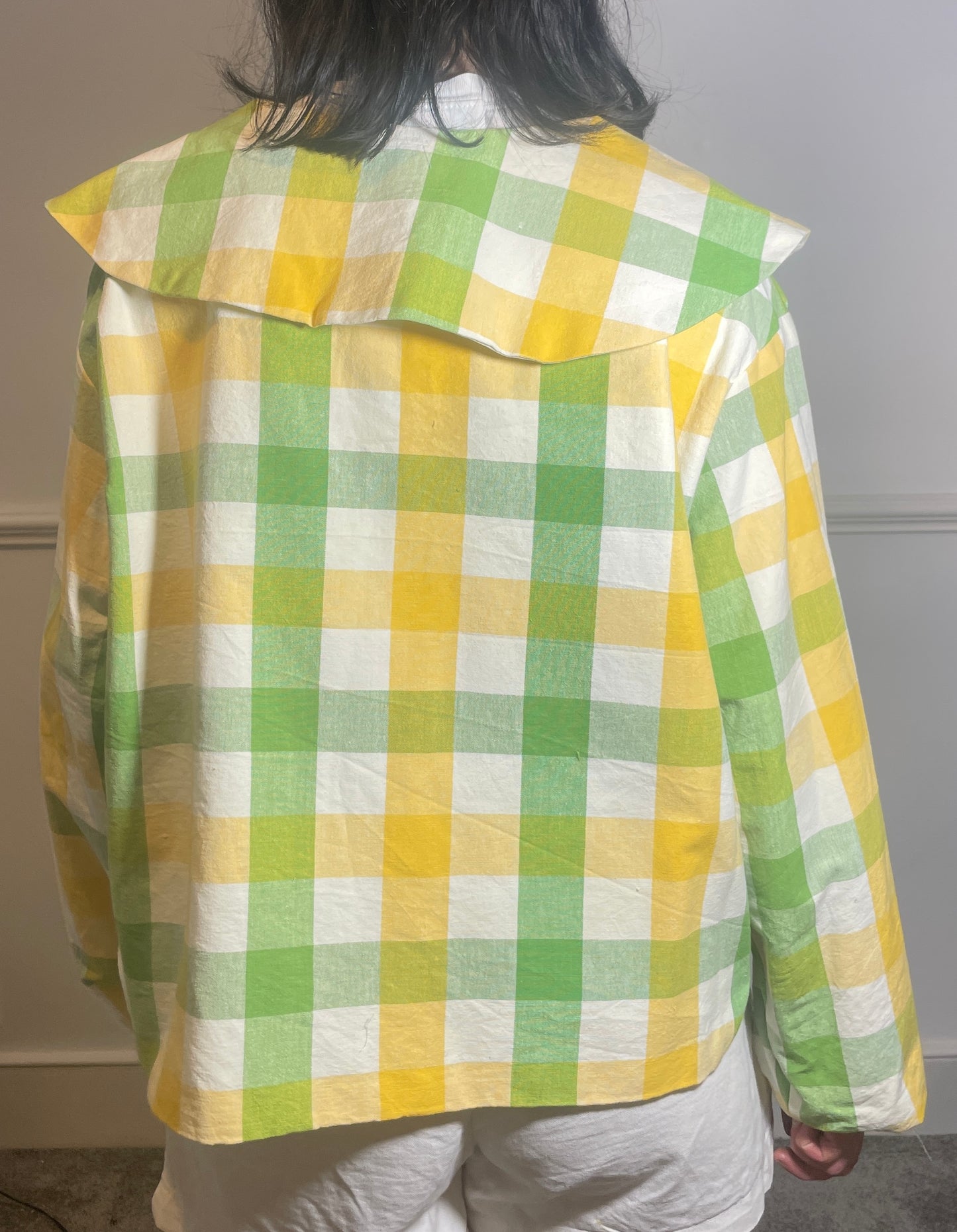 Handmade Green and Yellow Checked Large Collar Jacket - Size 16