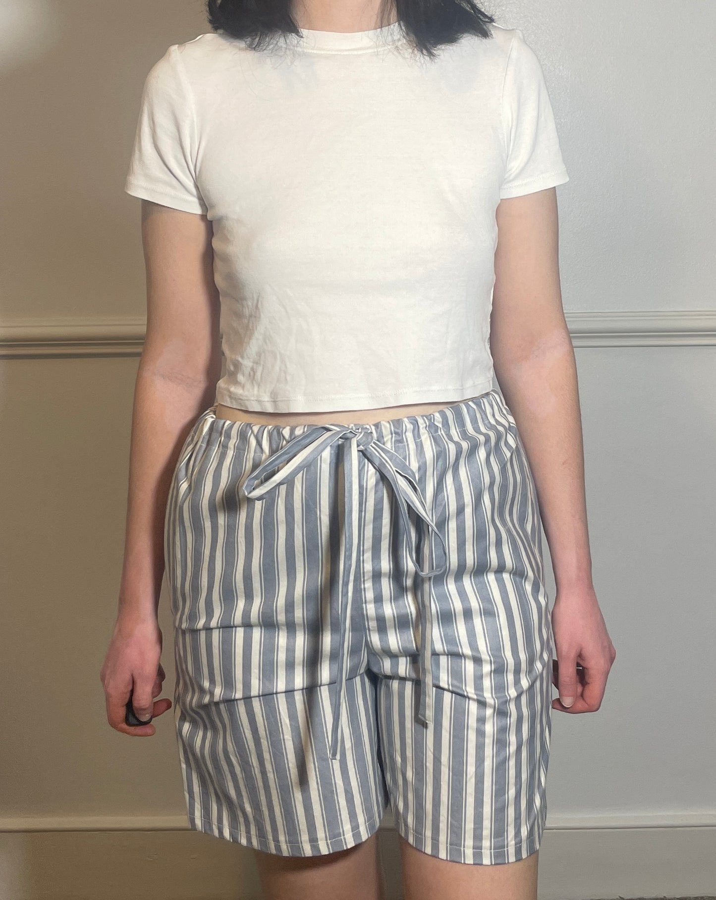 Handmade Long Blue Striped Cotton Drawstring Shorts - Size 10