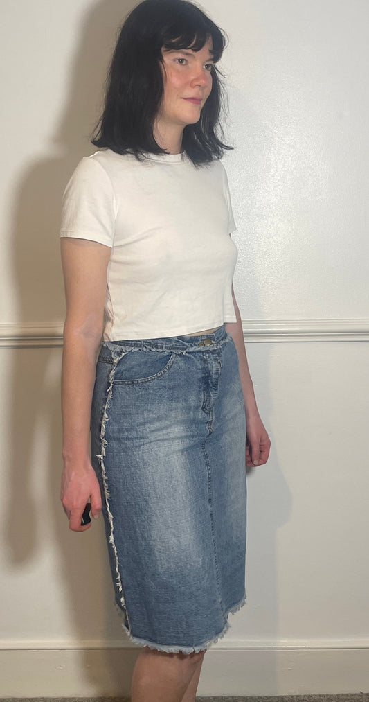 Vintage Y2k Blue Denim Frayed Edge Midi Skirt - Size 10