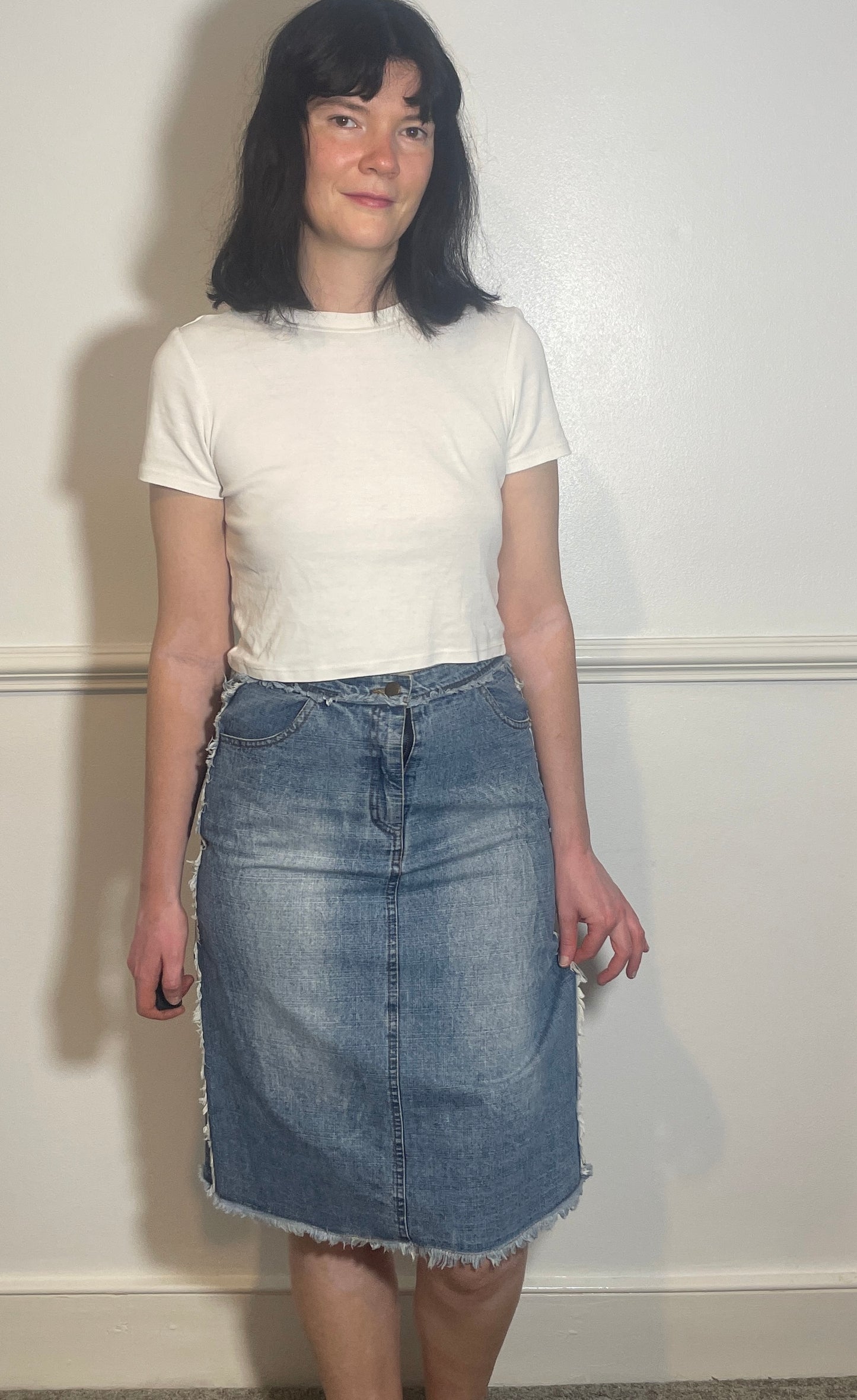 Vintage Y2k Blue Denim Frayed Edge Midi Skirt - Size 10