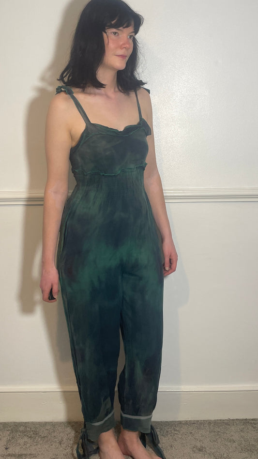 Vintage 90s Sonia Rykiel Green Tie Dye Sleeveless Tie Shoulder Jumpsuit - Size 8