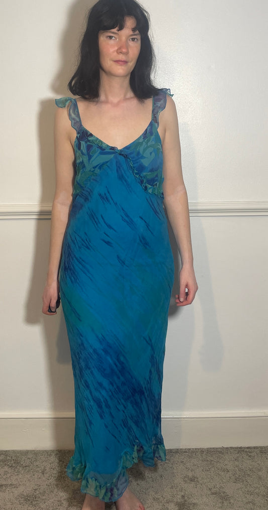 Vintage Y2k Blue Chiffon Bias Cut Ruffle Maxi Dress with Matching Long Sleeve Top - Size 10