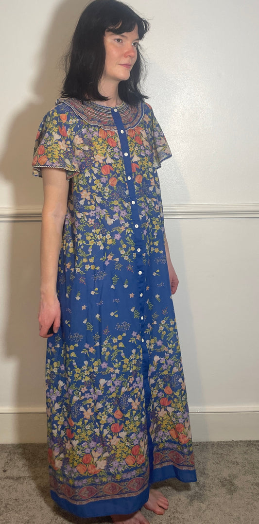 Vintage 70s Blue Floral Trapeze Maxi Shirt Dress - Size 14