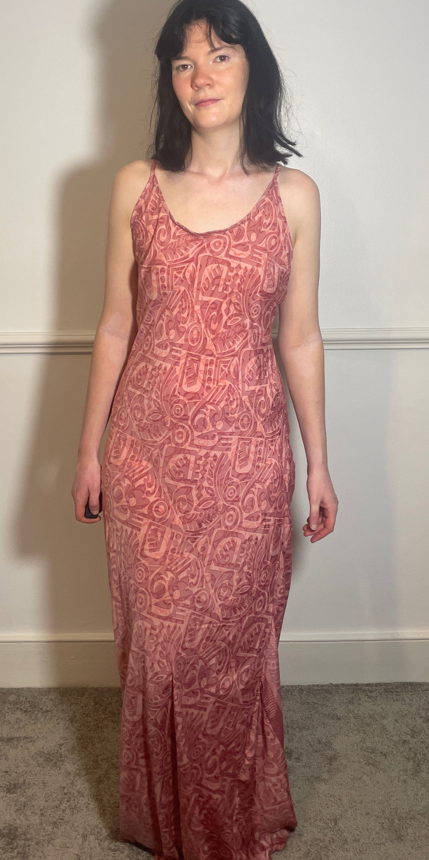 Vintage Y2k Pink Print Hankerchief Hem Lace Up Back Slip Dress - Size 10
