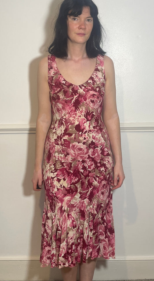 Vintage Y2k Pink Floral Ruffle Hem Maxi Dress - Size 10