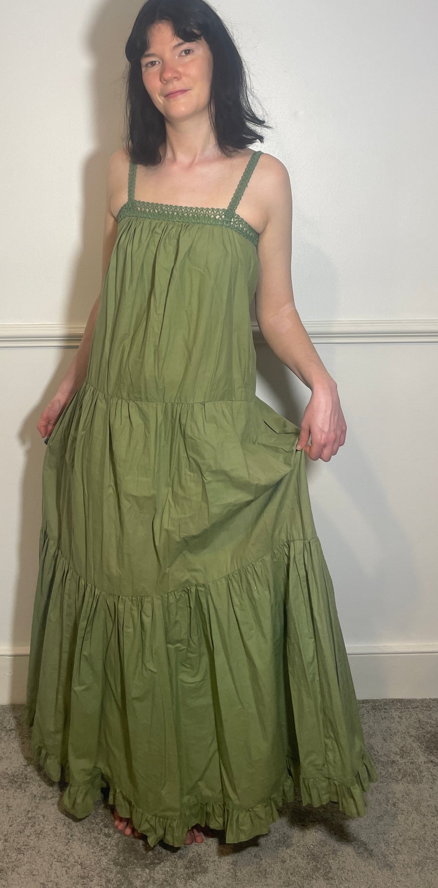 Vintage 70s Handmade Khaki Green Crochet Trim Tiered Maxi Dress - Size 10