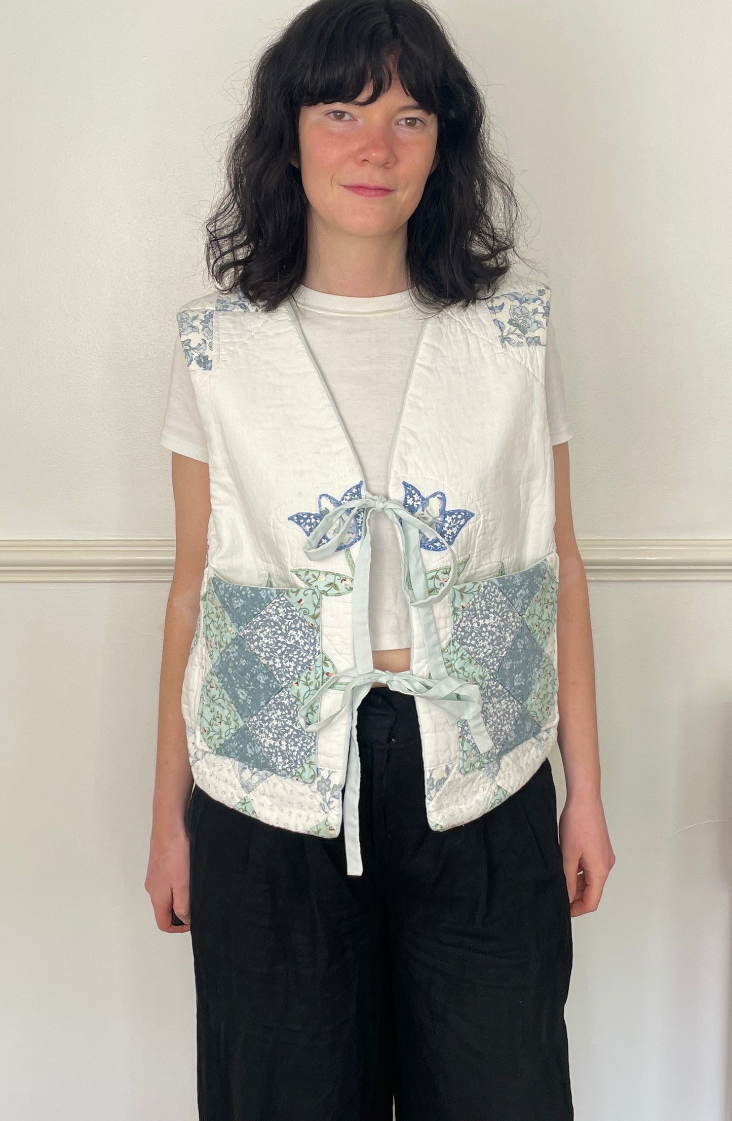 Handmade Blue Floral Tie Front Quilted Vest Gilet - Size 14