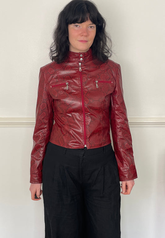 Vintage Y2k Red Faux Leather Snakeskin Fitted Moto Jacket - Size 10