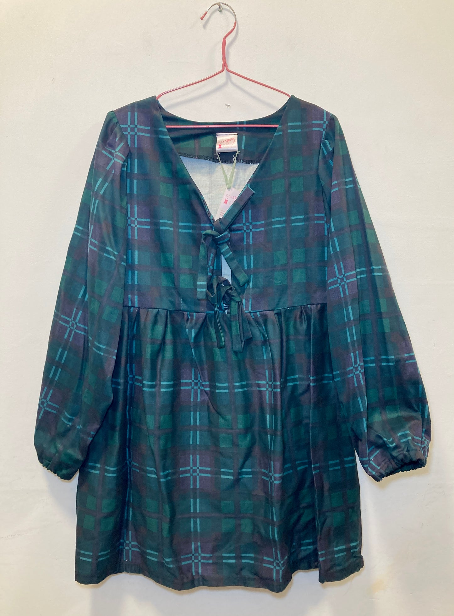 Ella Handmade Green Tartan Tie Front Puff Sleeve Mini Dress - Up To Size 10