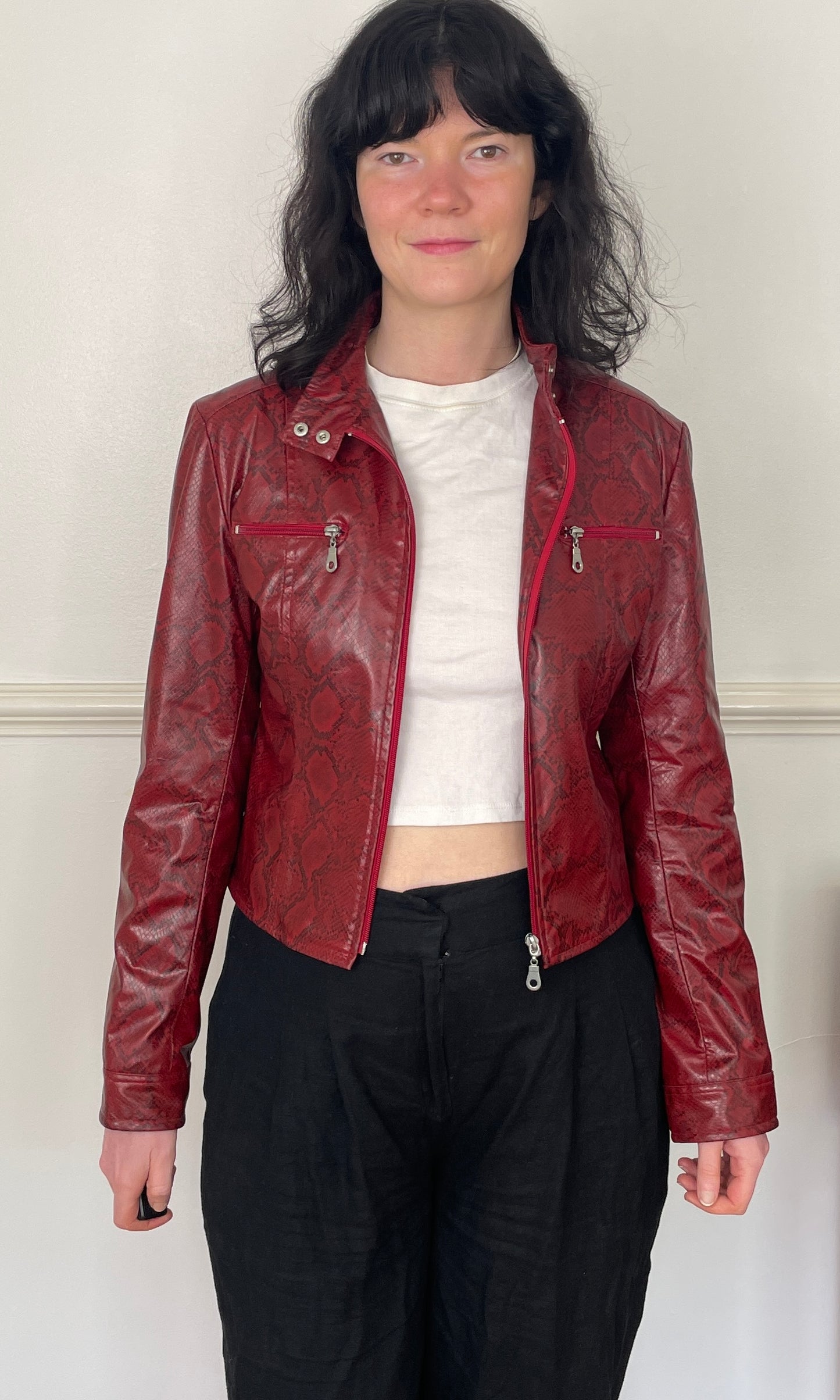 Vintage Y2k Red Faux Leather Snakeskin Fitted Moto Jacket - Size 10
