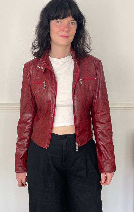 Vintage Y2k Red Faux Leather Snakeskin Fitted Moto Jacket - Size 10