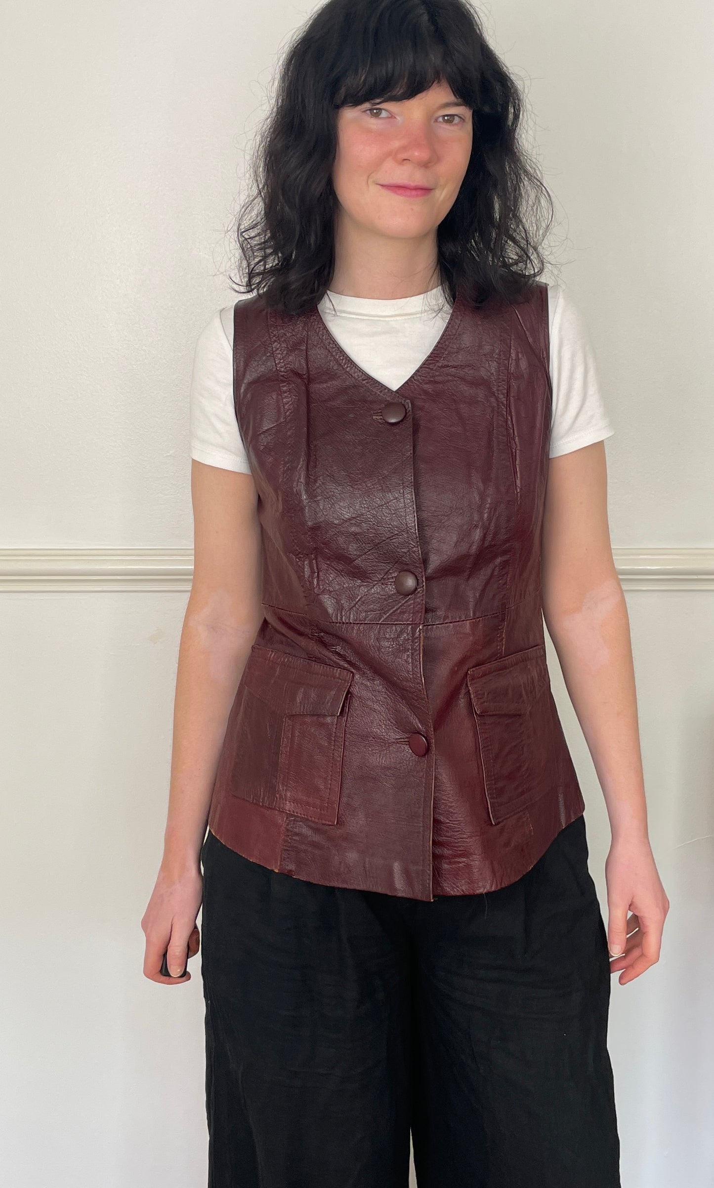 Vintage 90s Long Burgandy Leather Sleeveless Waistcoat - Size 10