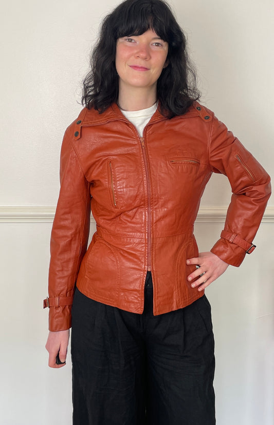 Vintage 90s Orange Utility Zip Up Leather Jacket - Size 10