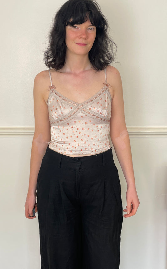 Vintage Y2K Pink Floral Satin Lace Trim Cropped Cami Vest Top - Size 8
