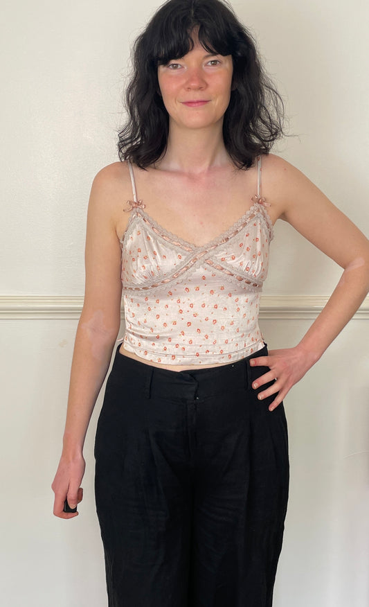 Vintage Y2K Pink Floral Satin Lace Trim Cropped Cami Vest Top - Size 8