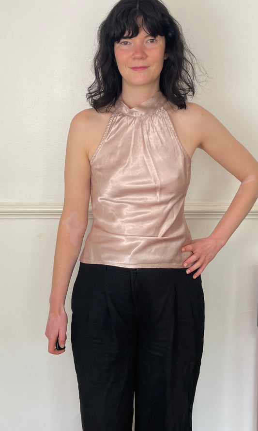 Vintage 90s Pale Pink Floral Satin Halter Neck Top - Size 10