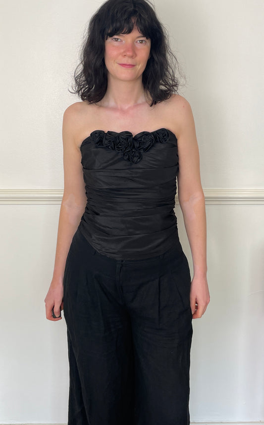 Vintage Y2K Black Satin Ruched Floral Applique Corset Top - Size 8