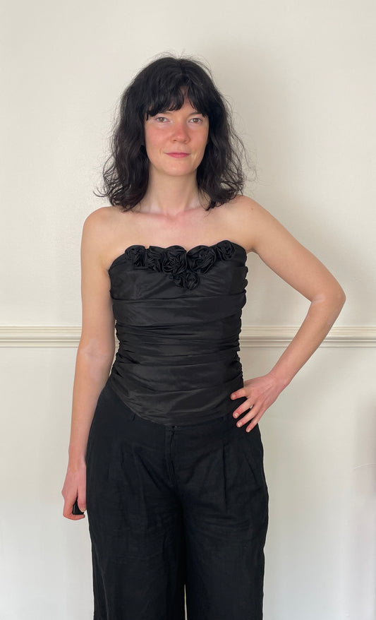 Vintage Y2K Black Satin Ruched Floral Applique Corset Top - Size 8