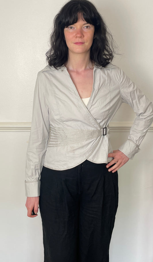 Vintage 90s Pale Grey Collared Wrap Shirt with Buckle - Size 12