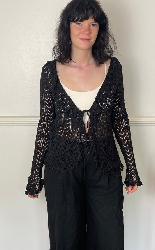 Vintage 90s Dark Brown Crochet Ruffle Tie Front Cardigan - Size 12