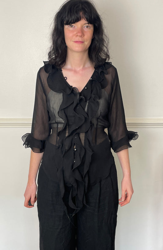 Vintage 90s Black Chiffon Ruffle Blouse with Waist Tie - Size 12