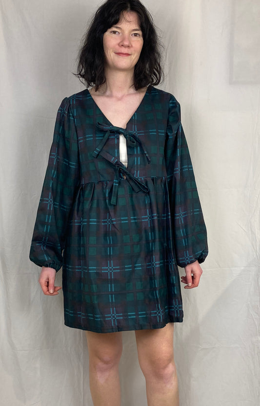 Ella Handmade Green Tartan Tie Front Puff Sleeve Mini Dress - Up To Size 10