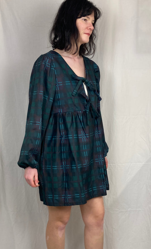 Ella Handmade Green Tartan Tie Front Puff Sleeve Mini Dress - Up To Size 10